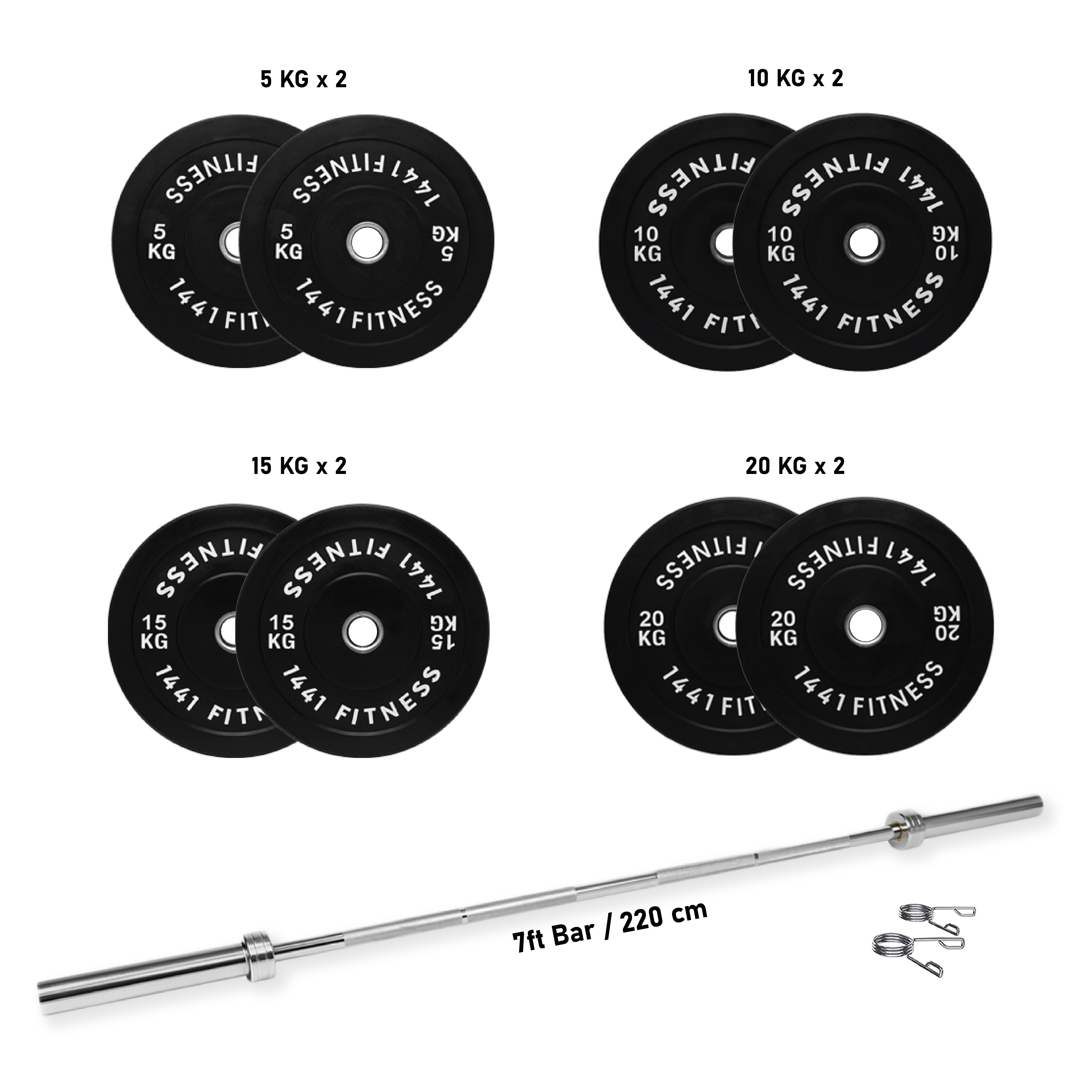1441 Fitness 7 Ft Olympic Bar with Rubber Bumper Plates